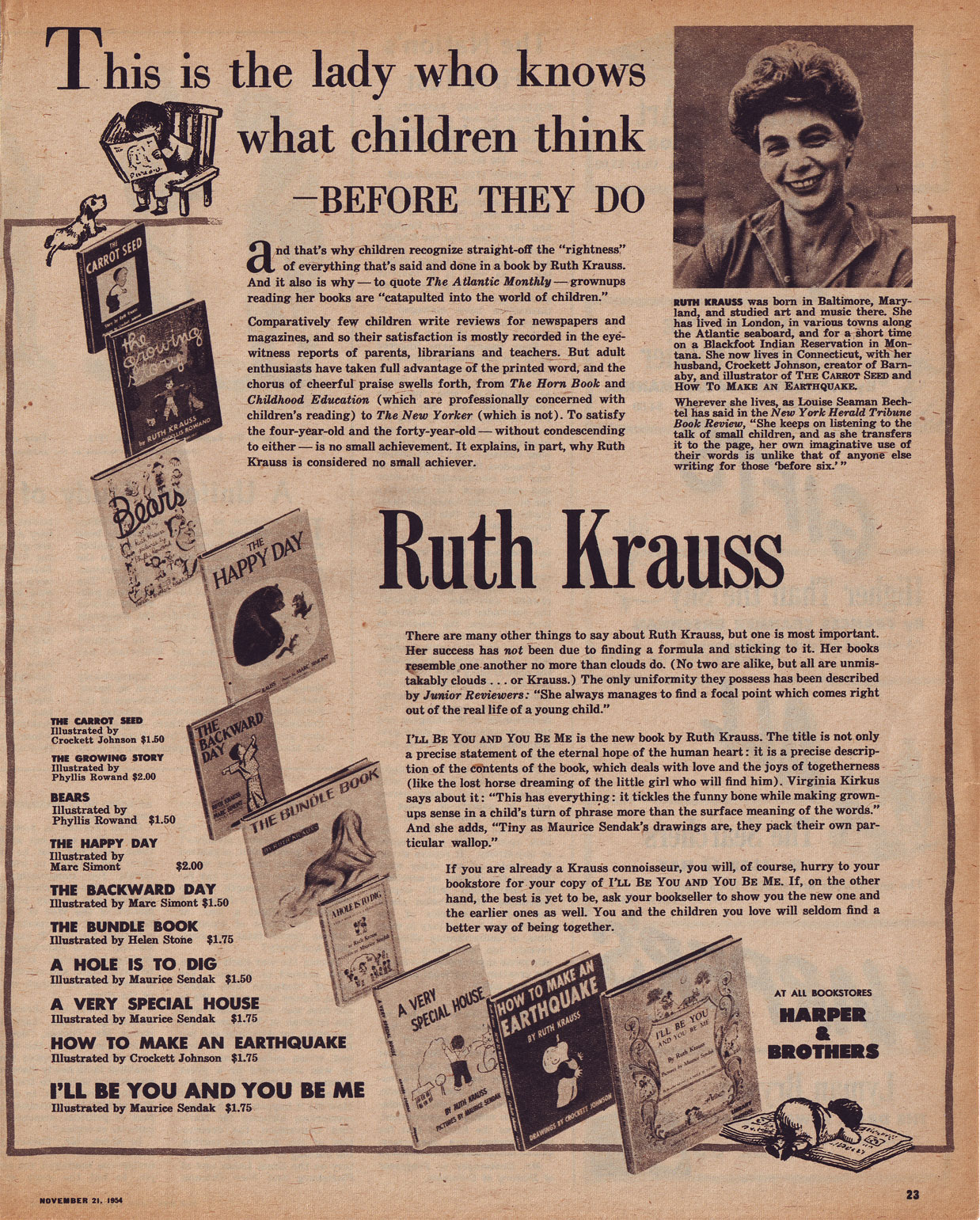 Ruth Krauss: Harper advertisement, 1954 Ruth Krauss: Harper advertisement, 1954
