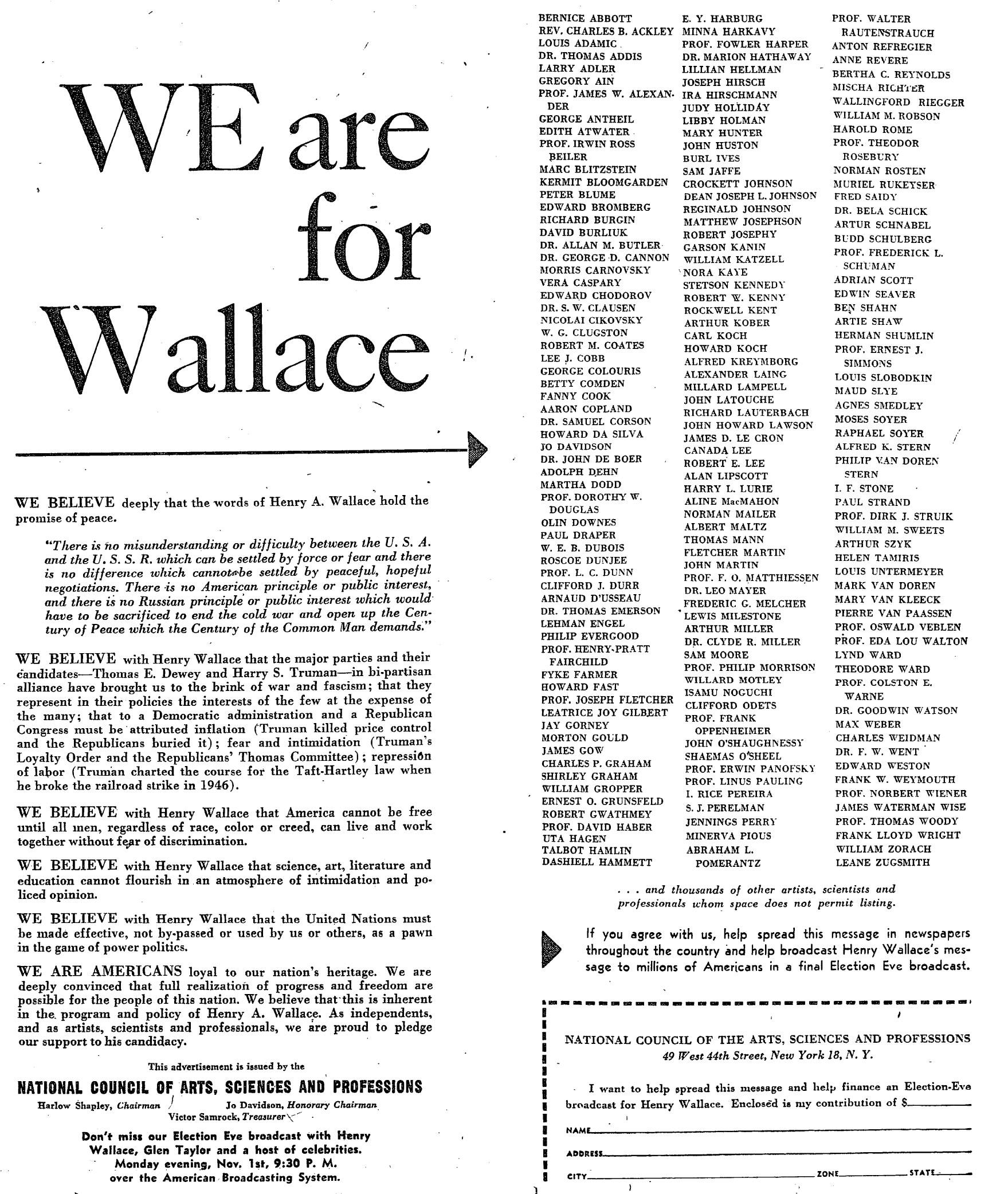 WE Are For Wallace, 20 Oct. 1948 WE Are For Wallace, 20 Oct. 1948