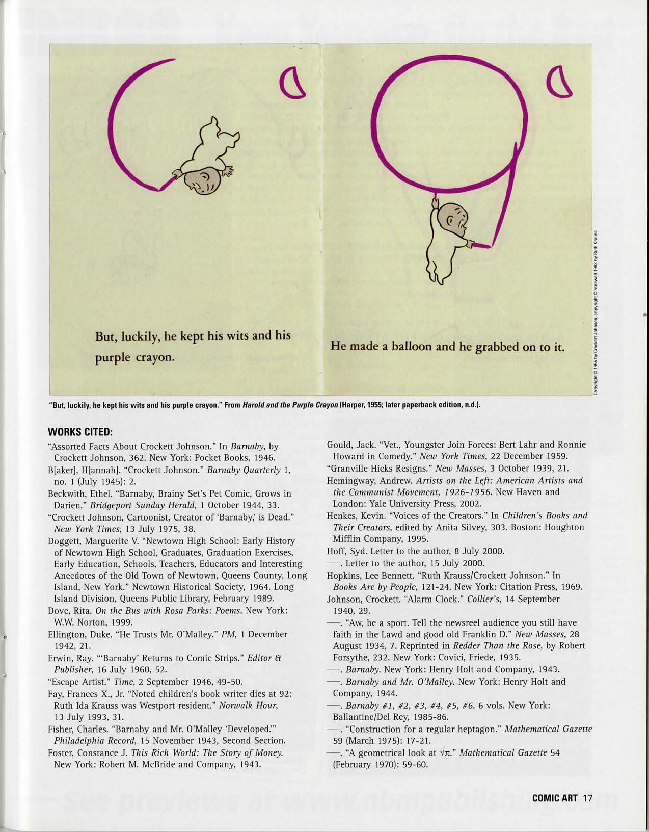 Philip Nel, "Crockett Johnson and the Purple Crayon: A Life in Art," Comic Art 5 (Winter 2004), p. 17 Philip Nel, "Crockett Johnson and the Purple Crayon: A Life in Art," Comic Art 5 (Winter 2004), p. 17