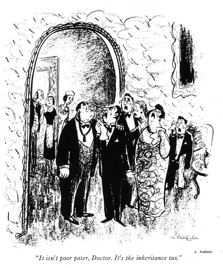 "It isn't poor pater, Doctor. It's the inheritance tax." Cartoon by A. Redfield (Syd Hoff). Printed in New Masses, 16 May 1939. "It isn't poor pater, Doctor. It's the inheritance tax." Cartoon by A. Redfield (Syd Hoff). Printed in New Masses, 16 May 1939.