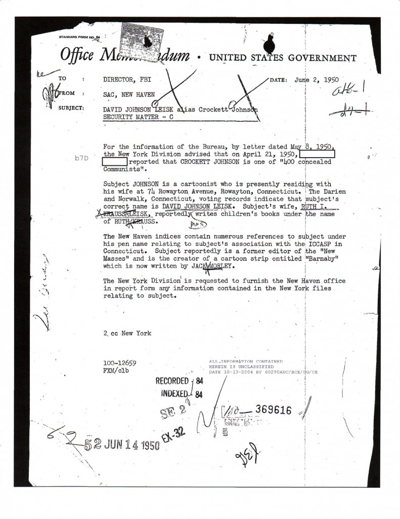 Crockett Johnson's FBI file, page 1 Crockett Johnson's FBI file, page 1