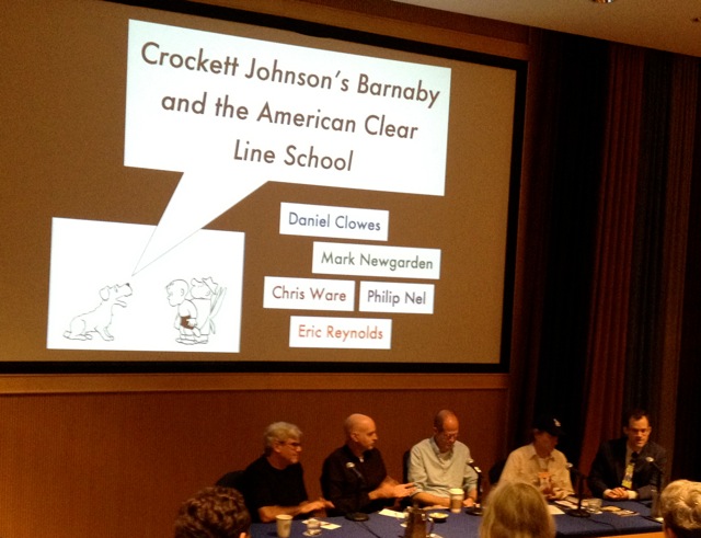 Crockett Johnson's Barnaby and the American Clear Line School. Left to right: Mark Newgarden, Daniel Clowes, Chris Ware, Eric Reynolds, Philip Nel. Photo by Paul Karasik. Crockett Johnson's Barnaby and the American Clear Line School. Left to right: Mark Newgarden, Daniel Clowes, Chris Ware, Eric Reynolds, Philip Nel. Photo by Paul Karasik.