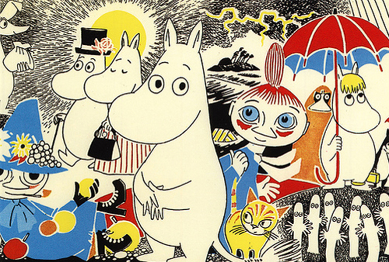 Left to right: Sniff, Snufkin, Moominpappa, Moominmamma, Moomintroll, Mymble, Groke, Snork Maiden, Hattifatteners Left to right: Sniff, Snufkin, Moominpappa, Moominmamma, Moomintroll, Mymble, Groke, Snork Maiden, Hattifatteners