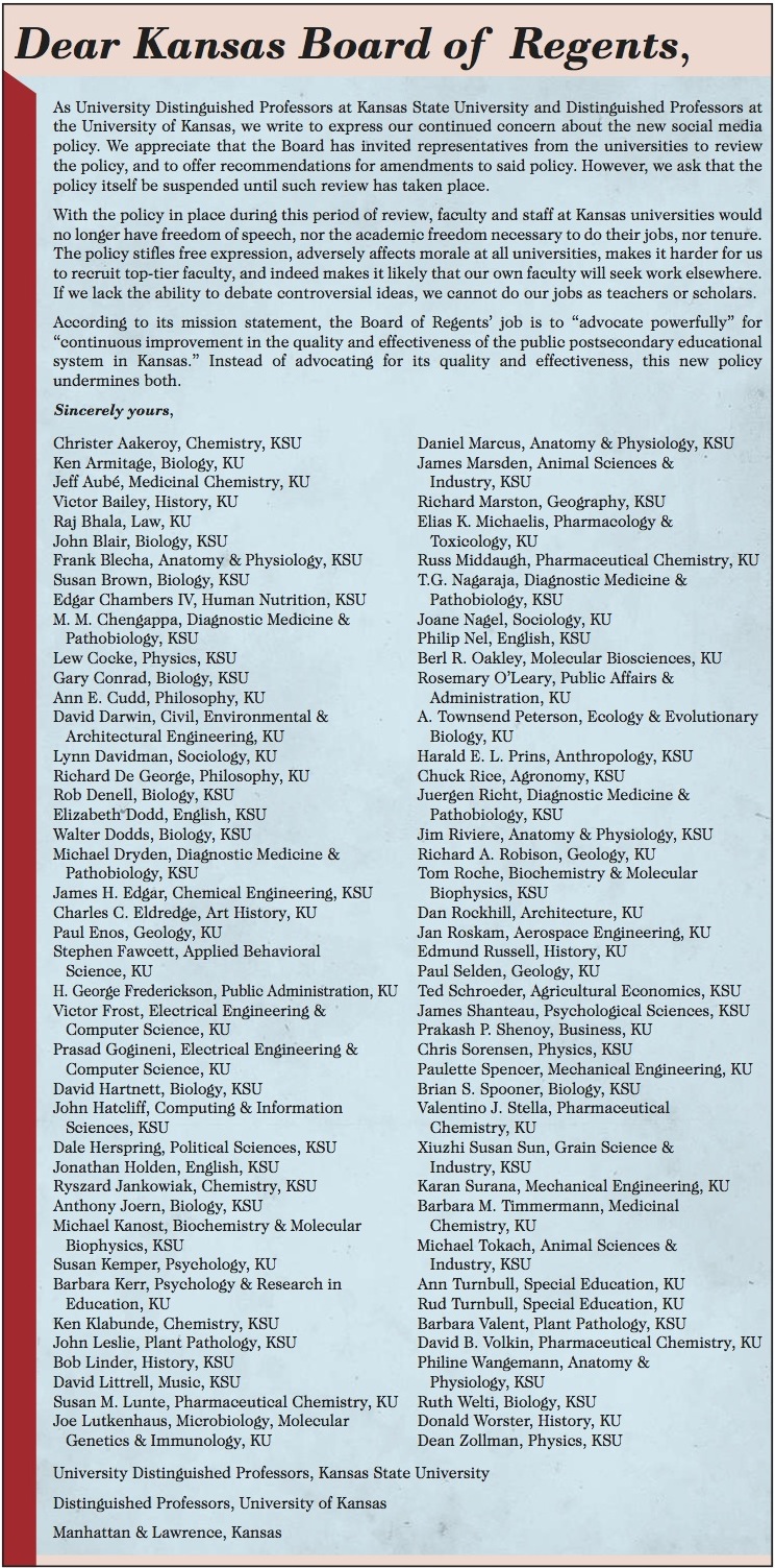 Letter to Kansas Board of Regents, Lawrence Journal-World