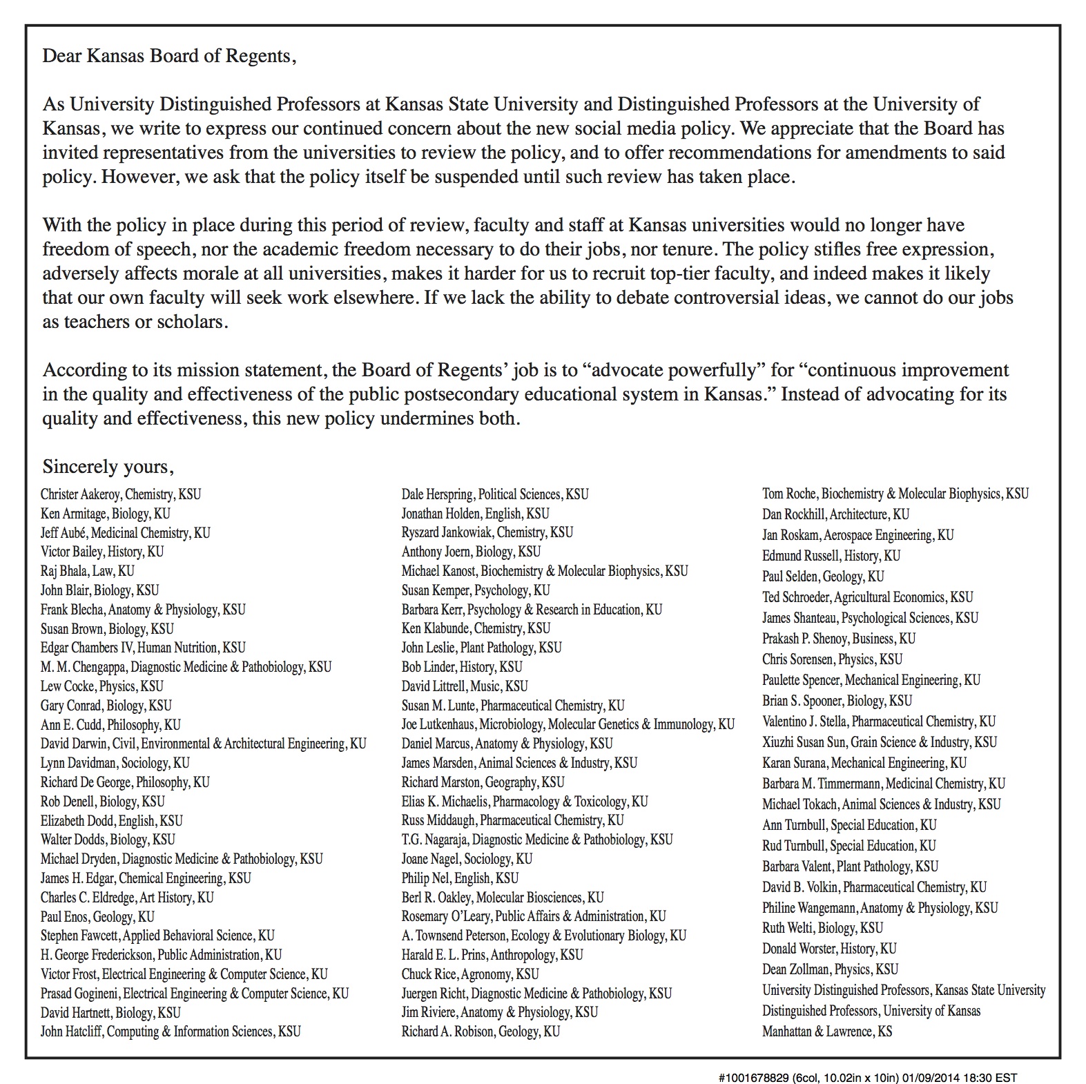 Letter to Kansas Board of Regents, Topeka Capital-Journal