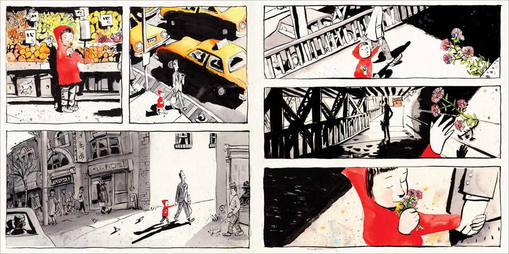 two-page spread from JonArno Lawson & Sidney Smith, Sidewalk Flowers (2015)