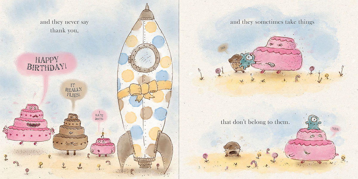 Rude cakes never say thank you. From Rude cake jumps on bed. From Rowboat Watkins' Rude Cakes (Chronicle Books, 2015)