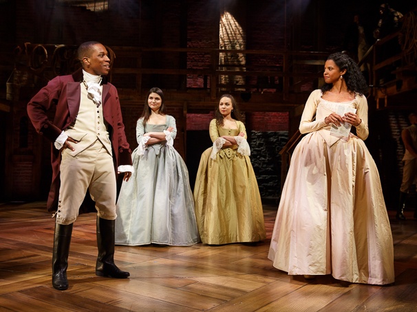 Hamilton: Aaron Burr (Leslie Odom Jr.) and the Schuyler Sisters (Phillipa Soo, Jasmine Cephas Jones, Renée Elise Goldsberry)
